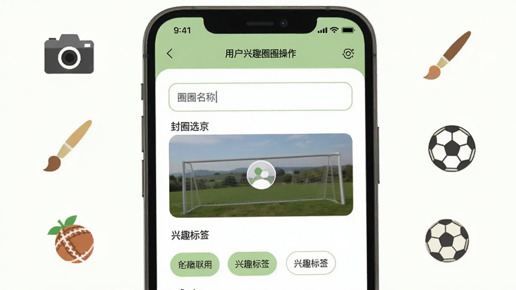 �ҵ�Ȧ��APP���û�������ȤȦ�ӵĲ������棬�ֻ���Ļ��ʾȦ�Ӵ���ҳ�棬����Ȧ����������򡢷���ѡ���������Ȥ��ǩѡ�������ɫ�԰�ɫ��ǳ��ɫΪ������ˬ��Ȼ����Χ��׺����������ʡ��������Ȥͼ�꣬����ƽ���������������޶���Ԫ��