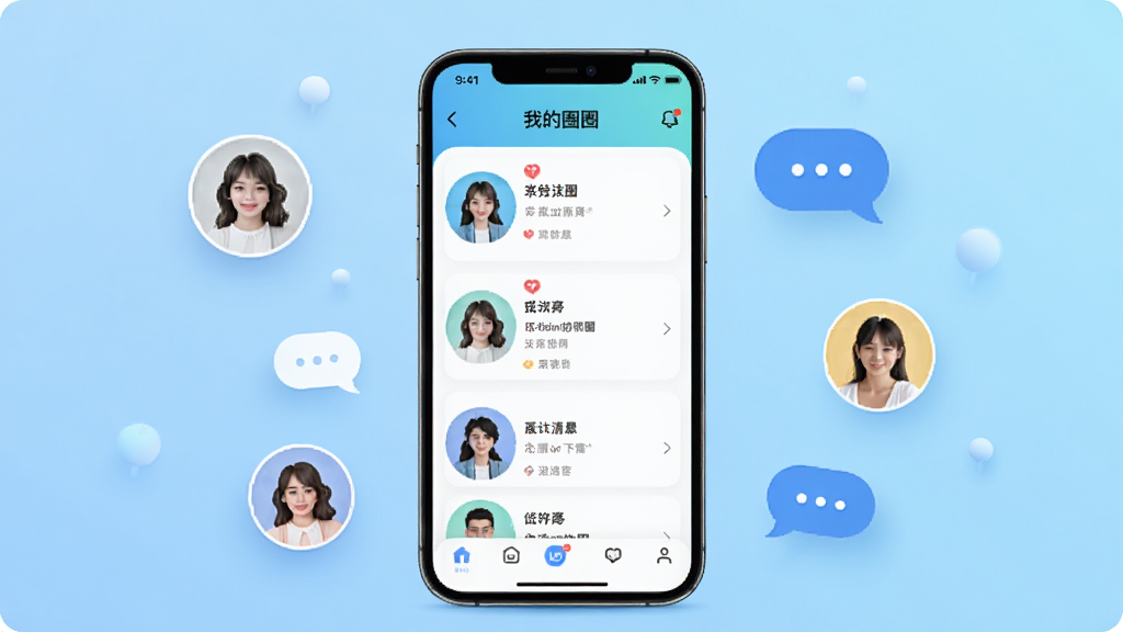 �ҵ�Ȧ���罻Ӧ��������չʾ������������һ�������ֻ�����Ļ����ʾ���ҵ�Ȧ��APP��Ȧ���б�ҳ�棬ɫ���������£���������͵Ľ�����ɫ����Χɢ����Բ��ͷ��ͼ�����������Ԫ�أ��������Լ�ִ����ɾ����࣬���ʸ��壬�޶���Ԫ��