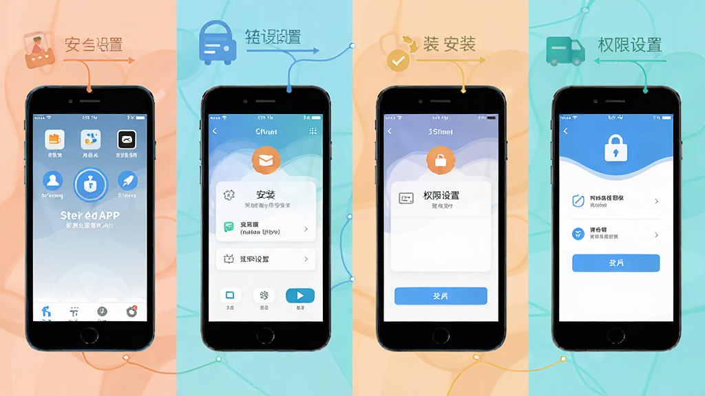 �ҵ�Ȧ��APP��װ���ò�������ͼ������չʾ�ֻ���Ļ�����ص���װ�ٵ�Ȩ�����õ��������̣������ĸ�����Ľ�ͼƴ�ӣ�ÿ�����м������ֱ�ע��������Ϊ��ƽ����Ϣͼ����ɫ��ˬ�����ʸ��壬�޶���Ԫ��
