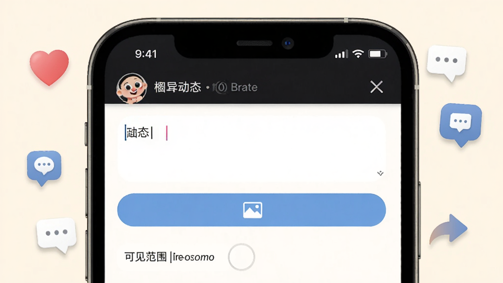 �ҵ�Ȧ��APP��̬�������棬�ֻ���Ļչʾ��̬�༭ҳ�棬�������������ͼƬ�ϴ���ť�Ϳɼ���Χѡ��ѡ������������죬����Ϊ���ŵ��װ�ɫ����Χ�а��ġ��������ݺͷ�����ͷ��װ��Ԫ�أ����ʸ��壬�ɾ�����