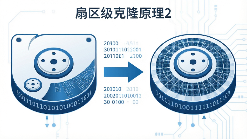 一张展示扇区级克隆原理的示意图,主体是源磁盘和目标磁盘之间数据流传输的可视化表现,布局为左右两侧磁盘图标中间用箭头连接,排版对称工整,风格为科技蓝白色调,细节包含二进制数据块和扇区网格纹理,画质高清,干净,无多余元素