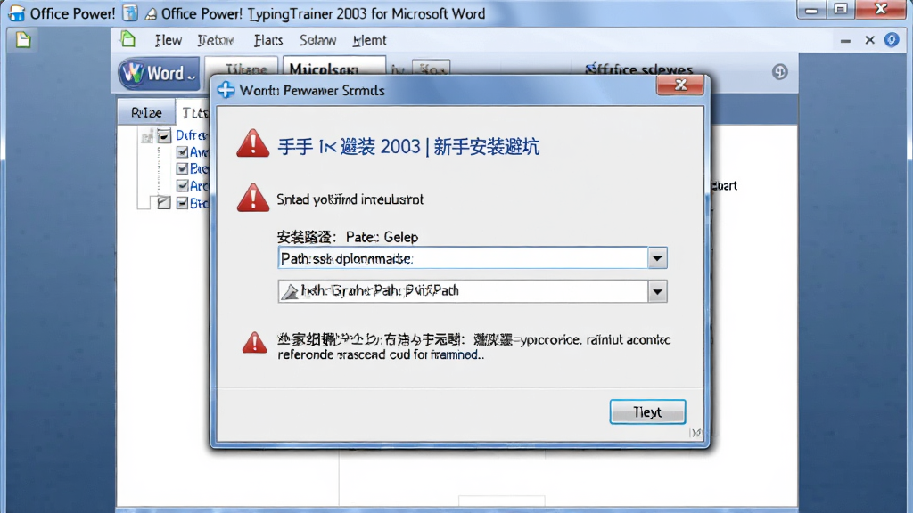 一张以 Office Power! TypingTrainer 2003 for Microsoft Word 新手安装避坑为主题的示意图,主体为电脑屏幕上显示Word插件安装向导界面,布局为居中弹窗形式,排版展示安装路径选择框与警告提示文字,风格为软件安装教程截图风格,细节包含红色警告图标、路径输入框、下一步按钮,画质清晰 干净 无多余元素