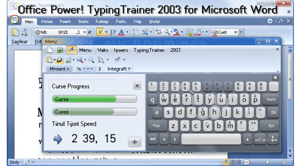 一张展示 Office Power! TypingTrainer 2003 for Microsoft Word 深度集成Word环境的示意图,主体为Word界面中嵌入打字训练面板,布局为左右分栏左侧文档右侧键盘提示,排版突出菜单栏中的训练入口按钮,风格为软件功能演示截图风格,细节包含高亮的工具栏图标、课程进度条、实时速度显示,画质清晰 干净 无多余元素