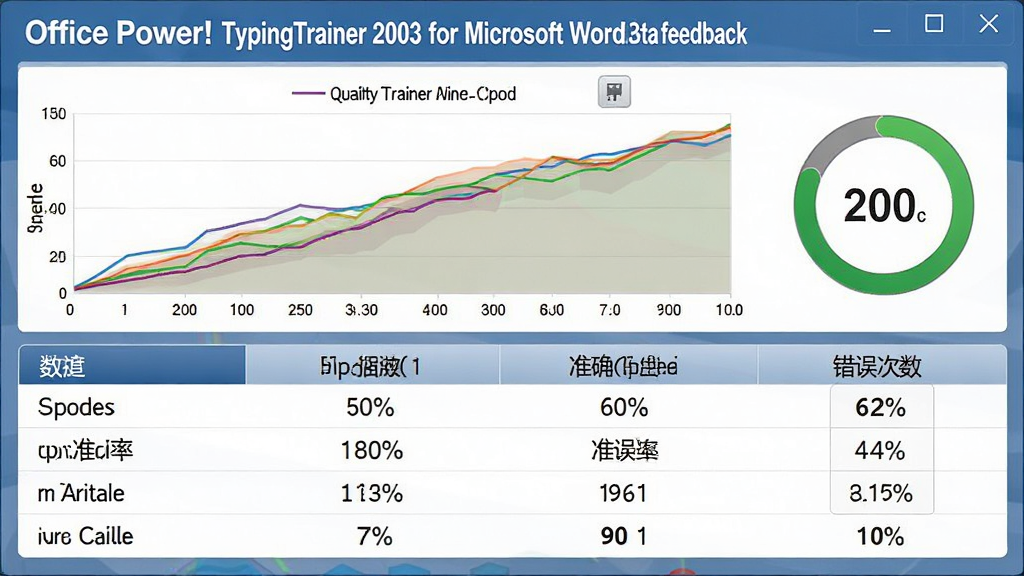 一张以 Office Power! TypingTrainer 2003 for Microsoft Word 实时数据反馈功能为主题的界面图,主体为打字训练成绩统计面板,布局为上方速度曲线图下方数据表格,排版展示速度、准确率、错误次数等指标,风格为数据可视化仪表盘风格,细节包含彩色折线图、百分比数字、进度圆环,画质高清 干净 无多余元素