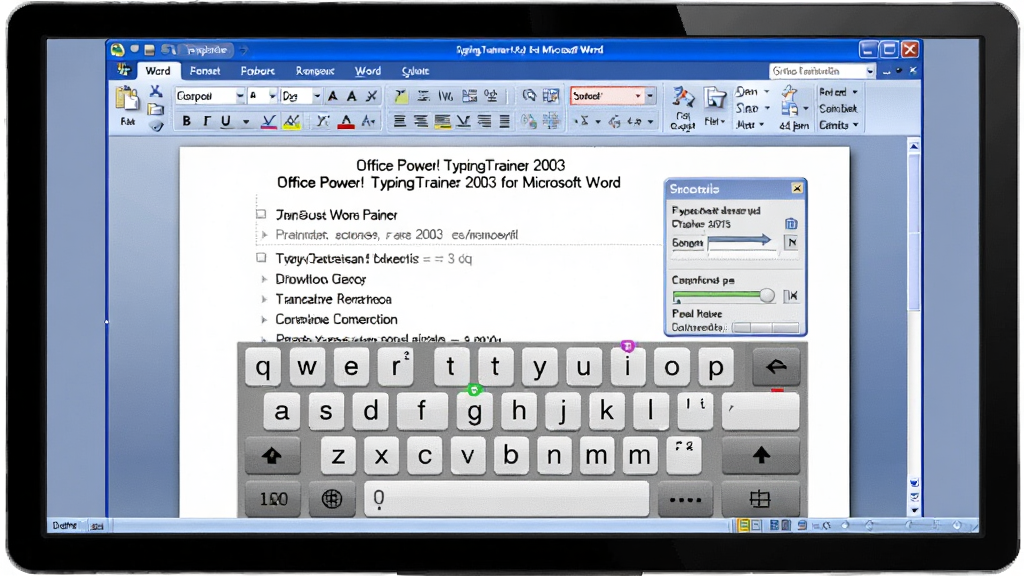 一张以 Office Power! TypingTrainer 2003 for Microsoft Word 为主题的软件界面展示图,主体为电脑屏幕中打开 Microsoft Word 文档并显示打字训练课程的界面,布局为居中正面视角,排版清晰展示课程列表与虚拟键盘区域,风格为简洁专业的办公软件截图风格,细节包含 Word 经典菜单栏、打字速度统计面板、彩色键盘提示,画质高清 干净 无多余元素