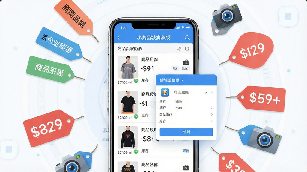 С��Ʒ�����Ұ�Ӧ������Ʒ����������д����������չʾ�ֻ���Ļ����Ļ�г�����Ʒ�б���༭��������Χ������Ʒ��ǩ���۸��ơ����ͼ���Ԫ�أ����ֲ������ķ���ʽ���Ű����������Ϊ��ˬ�Ƽ��磬ϸ�ڰ�����С��Ʒ�����Ұ桱Ӧ��������������Ʒ����ͼ��������֣����ʸ��壬�ɾ����޶���Ԫ��