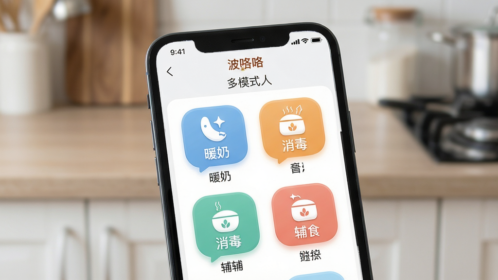 一张展示个性化喂养方案的生图,画面主体是一个手机屏幕特写,屏幕上显示着波咯咯APP的多种模式选择界面,如暖奶、消毒、辅食等图标。布局采用特写构图,背景为模糊的厨房台面。风格为现代简约的UI展示风,细节上强调界面图标的精致感和色彩搭配,画质高清,画面干净,无多余元素。