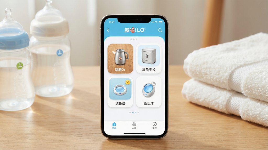 一张展示波咯咯(BOLOLO)手机应用界面的场景图,画面主体是一部现代智能手机,屏幕上显示着波咯咯APP的设备控制面板,包含暖奶器、消毒柜等图标。布局采用中心构图,手机放置在一张温馨的木质桌面上,旁边点缀着婴儿奶瓶和柔软的毛巾。整体风格为清新明亮的家居写实风,细节上强调APP界面的清晰度和图标质感,画质高清,画面干净,无多余元素。