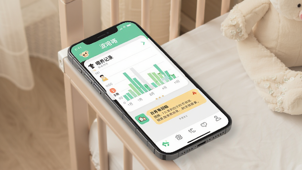 一张展示喂养记录功能的生图,画面主体是一部手机,屏幕上显示着波咯咯APP的喂养记录图表和提醒通知。布局采用倾斜视角,手机放置在婴儿床边。风格为温馨的居家生活风,细节上强调图表的清晰度和提醒通知的醒目感,画质清晰,画面干净,无多余元素。