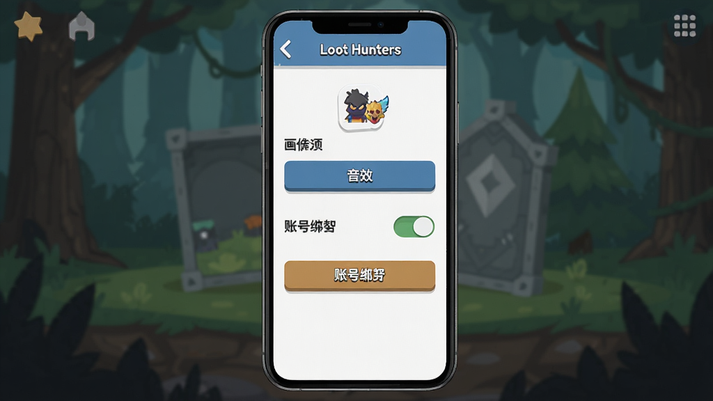 һ����Loot HuntersΪ������ֻ���Ϸ��������ʾ��ͼ������չʾ�ֻ���Ļ����ʾ��Ϸ���ò˵����˵��а�������ѡ���Ч���غ��˺Ű󶨰�ť������Ϊ�ֻ��������У��Ű����UI����չʾ��񣬷��Ϊ��ƽ����ƣ�ϸ�ڰ����˵����ֺ�ͼ�꣬��������������ɾ����޶���Ԫ��