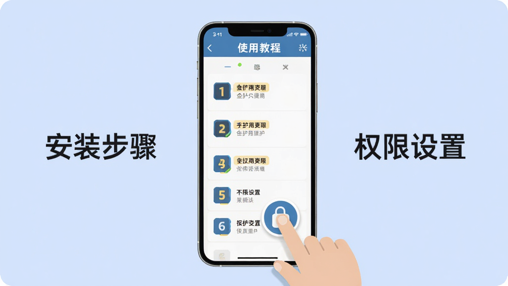 一部手机竖屏显示金铲铲助手的使用教程页面,画面中有步骤编号和手指点击屏幕的示意手势,手机旁边有文字标注“安装步骤”和“权限设置”,背景为淡蓝色纯色,整体采用居中构图,风格为扁平化信息图,细节上图标简洁清晰,画质为高清,画面干净无多余装饰