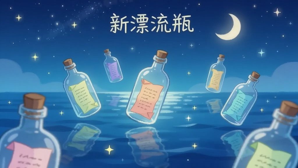 一幅以海洋和星空为背景的插画,画面中央漂浮着多个发光的玻璃瓶,每个瓶子里装着不同颜色的信纸,海面上倒映着星光,远处有一轮弯月,整体风格梦幻治愈,画质清晰,干净无多余元素,图片中带有文字