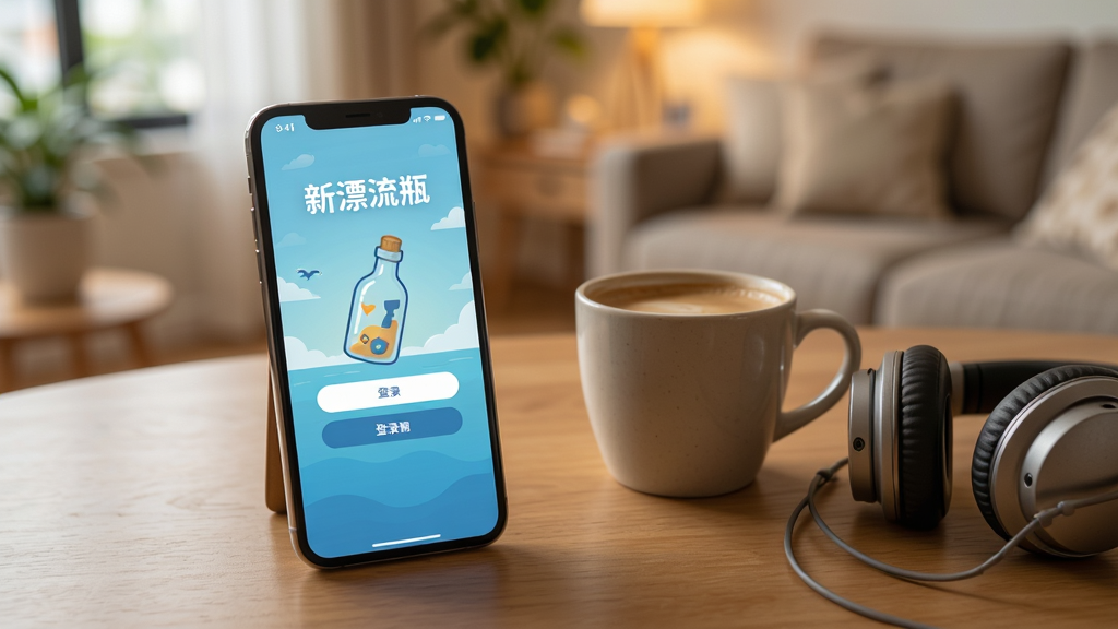 一部智能手机放在桌面上,屏幕显示新漂流瓶的登录界面,旁边有一杯咖啡和一副耳机,背景是温馨的室内环境,风格生活化,画质清晰,干净无多余元素,图片中带有文字