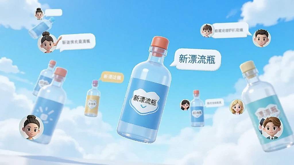 一个虚拟的社交广场场景,画面中有多个漂浮的瓶子,每个瓶子旁边有不同的人物头像和对话气泡,背景是明亮的天空和云朵,风格活泼清新,画质明亮,干净无多余元素,图片中带有文字