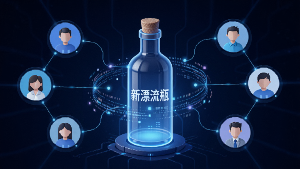 一个科技感十足的匹配引擎概念图,画面中央是一个发光的瓶子,周围环绕着数据流和连线,连接着不同用户头像的图标,背景是深蓝色渐变,风格现代简洁,画质高清,干净无多余元素,图片中带有文字