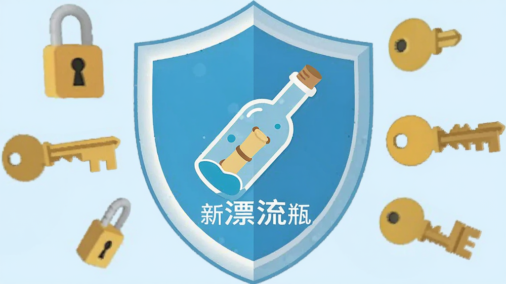 一个盾牌形状的安全图标,盾牌中央有一个漂流瓶图案,盾牌周围环绕着锁和钥匙的符号,背景是浅蓝色,风格扁平化设计,画质清晰,干净无多余元素,图片中带有文字