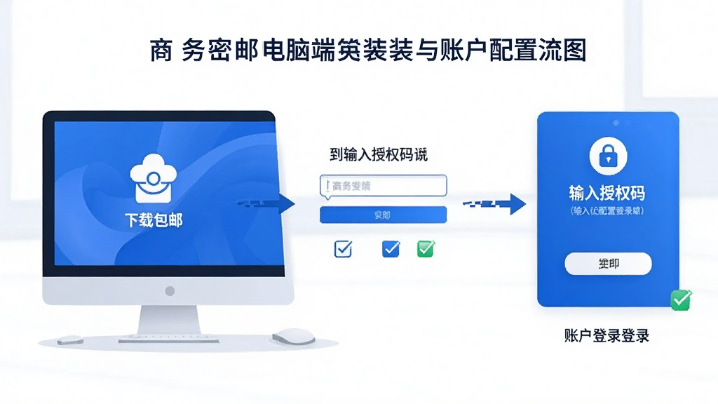 商务密邮电脑端安装与账户配置流程图,画面展示从下载安装包到输入授权码完成登录的步骤流程,包含电脑屏幕、输入框、勾选按钮等元素,风格简洁商务插画,蓝白配色,细节清晰,画质高清,干净无多余元素