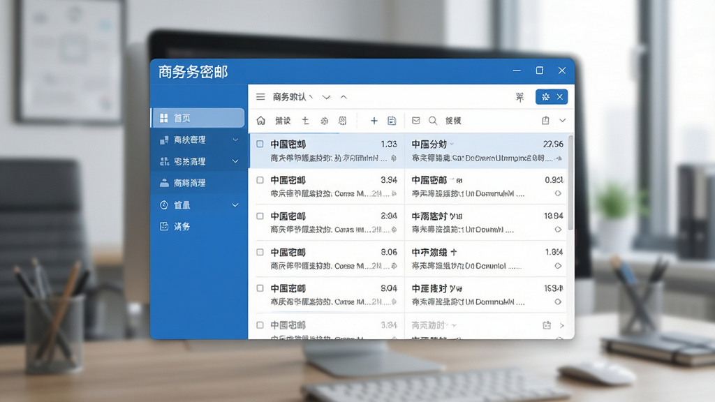 商务密邮软件主界面截图,画面中央展示一款简洁现代的电子邮件客户端窗口,左侧为功能导航栏,右侧为邮件列表与阅读区域,整体采用蓝白商务配色,界面干净整洁,屏幕上方有商务密邮字样,背景为虚化的办公桌面环境,风格写实科技感,细节清晰,画质高清,干净无多余元素
