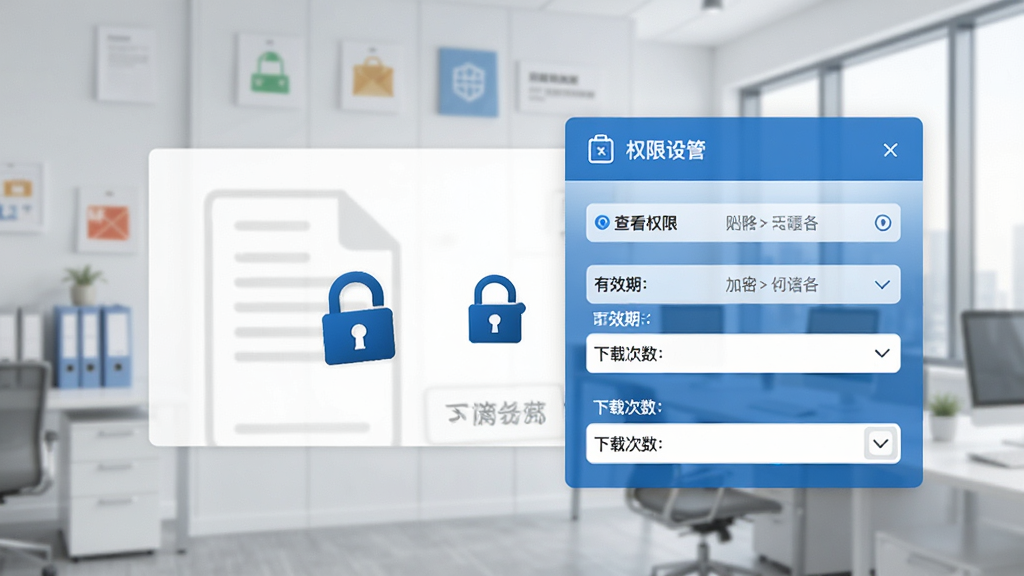 商务密邮附件加密与权限管控界面截图,画面展示一个文件附件旁带有锁形图标和权限设置面板,面板上有查看权限、有效期、下载次数等选项,界面风格简洁商务,蓝白配色,背景为浅灰色办公环境,细节清晰,画质高清,干净无多余元素