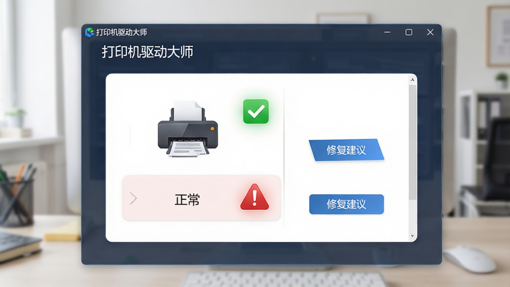 一张展示打印机驱动大师设备状态检测功能的界面图,画面中软件窗口显示打印机图标和状态指示,绿色勾选表示正常,红色感叹号表示异常,旁边有修复建议按钮,整体布局为卡片式设计,风格清爽,画质细腻,画面中包含“打印机驱动大师”文字,干净整洁