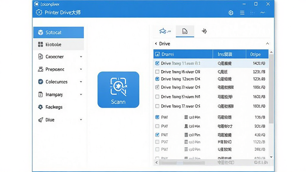 一张展示打印机驱动大师软件界面的全景图,画面中央是软件主窗口,左侧显示功能导航栏,右侧是驱动检测与安装区域,整体布局清晰整洁,采用蓝色与白色为主的科技风格,界面中可见扫描按钮和驱动列表,画质高清,画面干净无多余元素,适合软件下载站展示
