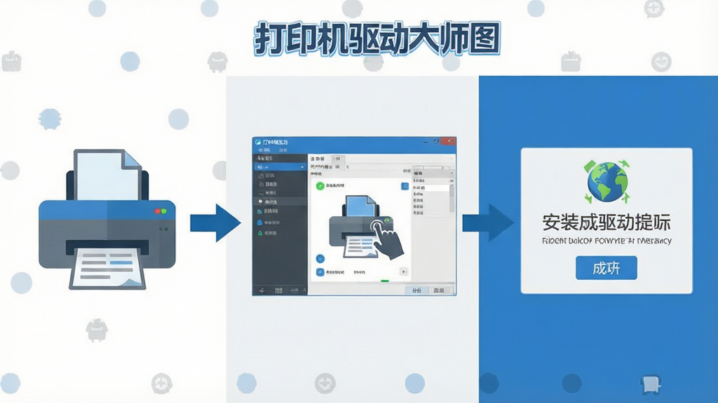 一张展示打印机驱动大师使用步骤的流程图,画面分为三个区域,左侧为连接打印机图标,中间为软件扫描界面,右侧为安装成功提示,整体采用扁平化设计风格,蓝色与灰色搭配,布局清晰,画质高清,画面中包含“打印机驱动大师”文字,干净无杂乱元素