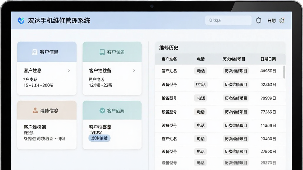 ����ֻ�ά�޹���ϵͳ�ͻ�������ѯ���棬����չʾ�ͻ���Ϣ��Ƭ��ά����ʷ��¼�б��������ͻ��������绰���豸�ͺš�����ά����Ŀ�����ڣ�����������ҷ������֣�����࣬��ɫ��ͣ����廭�ʣ��޶���Ԫ��