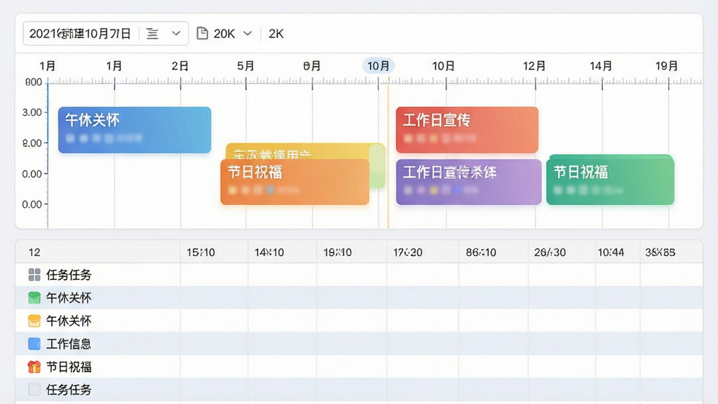 一张软件日程管理功能的可视化示意图,画面主体是一个横向时间轴,时间轴上分布着多个彩色任务块,每个任务块标注着“工作日宣传”“午休关怀”“节日祝福”等文字,时间轴上方有日期选择器,下方有任务列表表格,整体布局为上下结构,上方是时间轴,下方是任务表格,风格为扁平化信息图表,细节包括任务块的渐变色彩、时间刻度的精细标注、表格行的交替底色,画质为2K高清,干净整洁,无多余元素