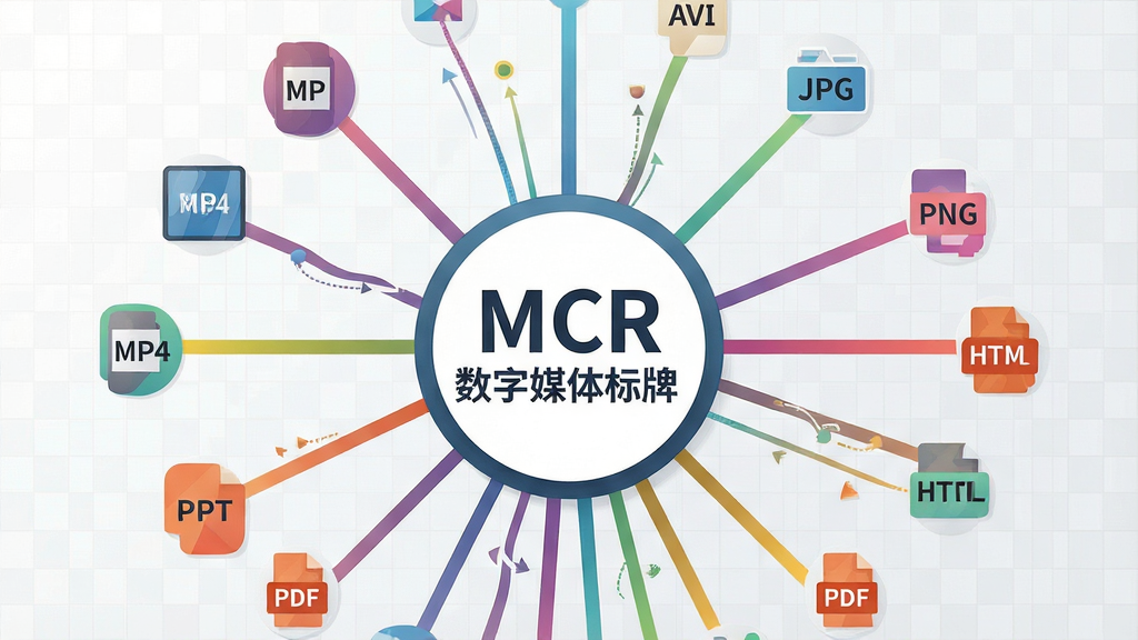 一张多媒体格式兼容性的概念图,画面主体是一个中央圆形图标,图标内写着“MCR数字媒体标牌”,从圆形向外辐射出多条彩色线条,分别连接着标有“MP4”“AVI”“JPG”“PNG”“PPT”“PDF”“HTML”等文字的小图标,整体布局为放射状结构,风格为现代扁平化设计,细节包括线条的渐变色彩、小图标的简洁造型、背景的浅灰网格纹理,画质为2K高清,干净清爽,无多余元素