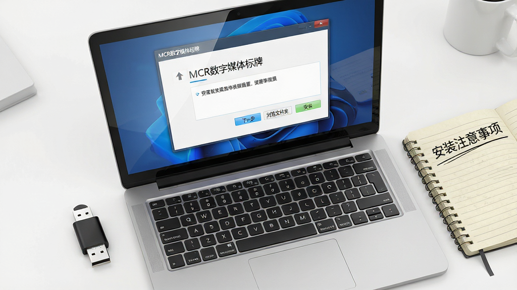 一张电脑端软件安装与配置的步骤示意图,画面主体是一台打开的笔记本电脑,屏幕上显示“MCR数字媒体标牌”的安装向导界面,界面中有“下一步”“浏览文件夹”“安装”等按钮,电脑旁边放着一个U盘和一本笔记本,笔记本上写着“安装注意事项”几个字,整体布局为桌面俯视角度,风格为写实办公场景,细节包括屏幕反光、U盘金属接口、笔记本纸张纹理,画质为2K高清,干净整洁,无多余元素