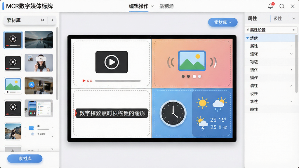 一张软件功能界面展示图,画面主体是“MCR数字媒体标牌”的编辑操作界面,界面中央显示一个被划分为四个区域的屏幕预览窗口,左上区域显示视频播放图标,右上区域显示图片轮播图标,左下区域显示滚动文字条,右下区域显示时钟与天气组件,界面左侧是素材库面板,右侧是属性设置面板,整体布局为典型的专业软件三栏式设计,风格为简洁科技感UI,细节包括面板的阴影层次、按钮的圆角处理、区域边界的虚线标识,画质为2K高清,干净清晰,无多余元素