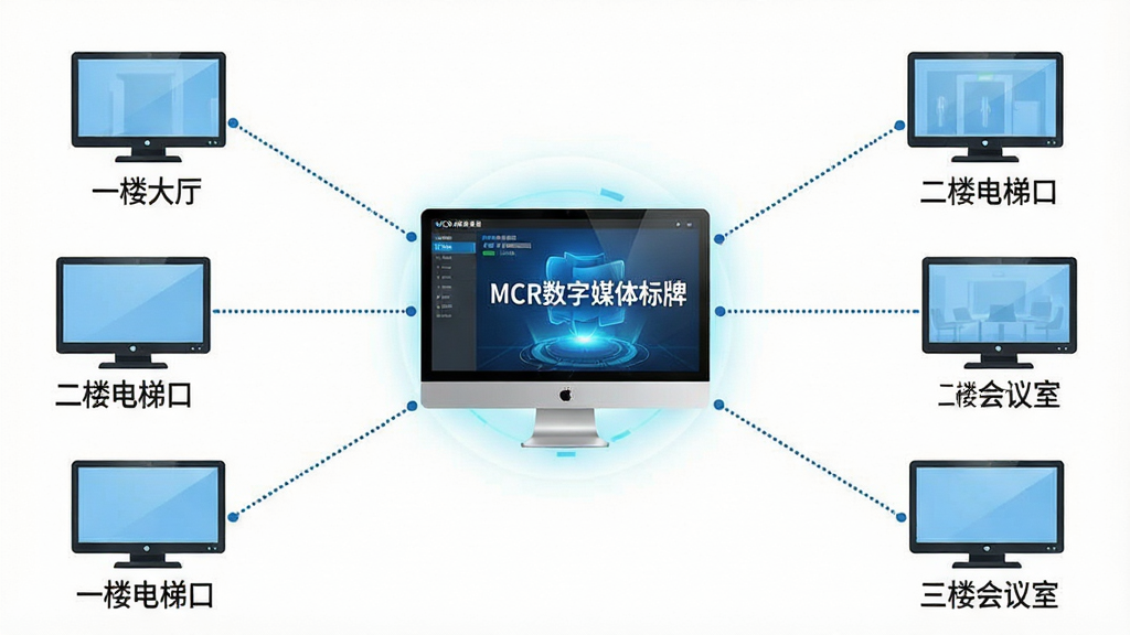 一张远程集中控制拓扑示意图,画面主体是一台位于中心位置的电脑,屏幕上显示“MCR数字媒体标牌”管理后台,从电脑向外延伸出多条连接线,分别连接着分布在四周的多个显示屏图标,每个显示屏图标下方标注着“一楼大厅”“二楼电梯口”“三楼会议室”等位置文字,整体布局为星型拓扑结构,风格为简洁技术示意图,细节包括连接线的虚线样式、显示屏图标的统一设计、中心电脑的发光效果,画质为2K高清,干净清晰,无多余元素