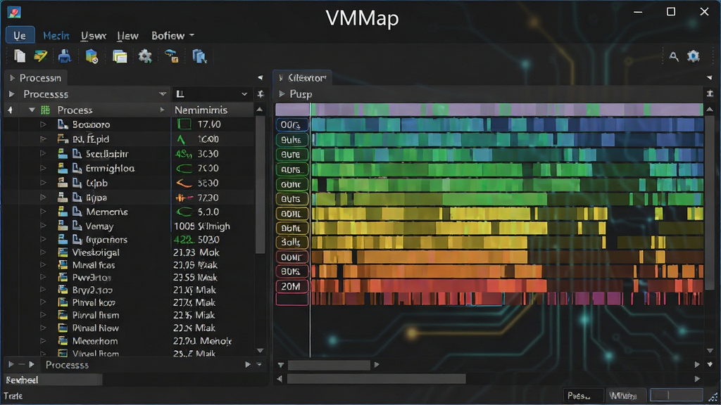 一张专业的软件界面展示图,标题为“VMMap”,主体是一个深色主题的窗口界面,左侧显示进程列表,右侧是彩色的内存占用条形图,布局清晰,排版现代,风格为科技商务,细节包括各种内存分类标签,画质高清,干净,无多余元素