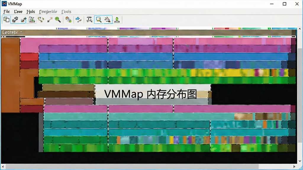 一张 VMMap 软件的彩色内存条形图特写截图,画面中央是各种颜色代表的内存分类块,标签写着“VMMap 内存分布图”,风格极简科技感,布局整齐,细节丰富,画质清晰,干净,无多余元素