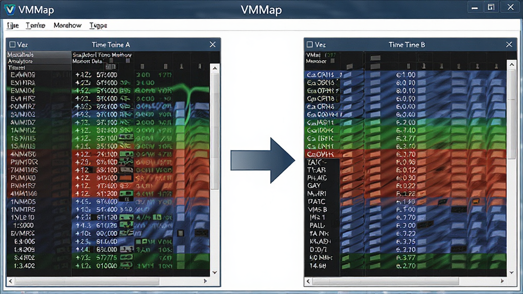一张展示 VMMap 软件进行快照对比分析的功能示意图,画面左侧是时间点A的内存数据,右侧是时间点B的内存数据,中间有箭头连接表示对比,软件名称“VMMap”出现在界面顶部,风格为数据可视化,排版清晰,细节丰富,画质高清,干净,无多余元素