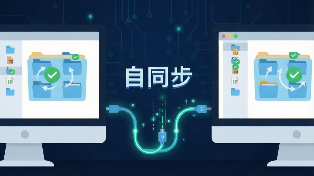 画面中展示两台电脑屏幕通过一条发光的同步数据线连接,屏幕上分别显示相同的文件夹结构,文件图标上方有绿色的同步完成对勾标识,画面中央有“自同步”文字标识,主体突出,布局对称,排版简洁,风格为扁平化科技插画,细节包括文件类型图标、同步箭头、数据流动光点,画质清晰,干净,无多余元素