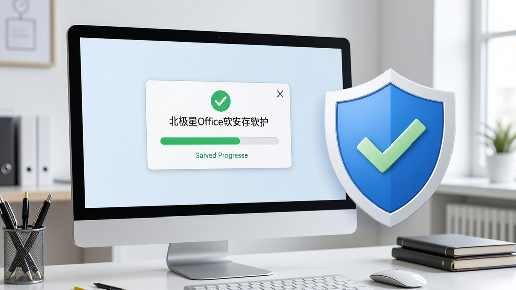 北极星Office软件的安全稳定特性展示图,画面主体是一台电脑屏幕显示文档保存成功的提示框,屏幕旁边有一个盾牌图标代表安全保护,背景是办公室环境,风格简洁专业,细节包括屏幕上的保存进度条、盾牌上的对勾标记、办公室桌面的文具,画质清晰,干净,无多余元素