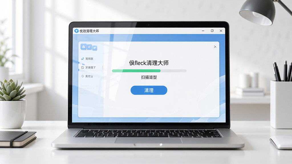 一张展示优效清理大师软件主界面的图片,画面中央是一台笔记本电脑屏幕,屏幕上显示优效清理大师的清理界面,有扫描进度条和清理按钮,界面风格简洁现代,背景是干净整洁的书桌环境,光线明亮柔和,风格为写实科技风,细节包括屏幕反光和桌面小物件,画质高清,干净,无多余元素