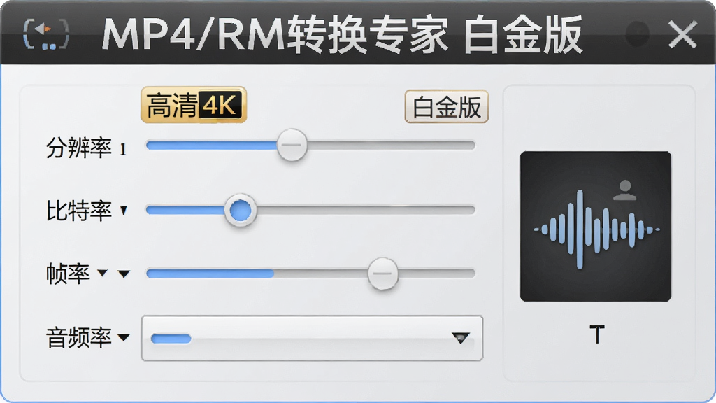画面中是一个参数设置面板,面板上显示分辨率、比特率、帧率等滑块和下拉菜单,面板上方有“MP4/RM转换专家 白金版”标题;背景是柔和的浅灰色;风格为简洁UI设计;细节包括高清4K标签、音频波形图标;画质清晰,干净,无多余元素。