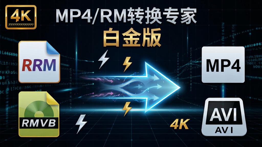 画面中央是一个发光的转换箭头,左侧是RM和RMVB格式图标,右侧是MP4和AVI格式图标,箭头上方标有“MP4/RM转换专家 白金版”字样;背景为深色科技网格,有数据流光影效果;风格为未来感数字艺术;细节包括闪电速度符号、高清4K标识;画质锐利,干净,无多余元素。