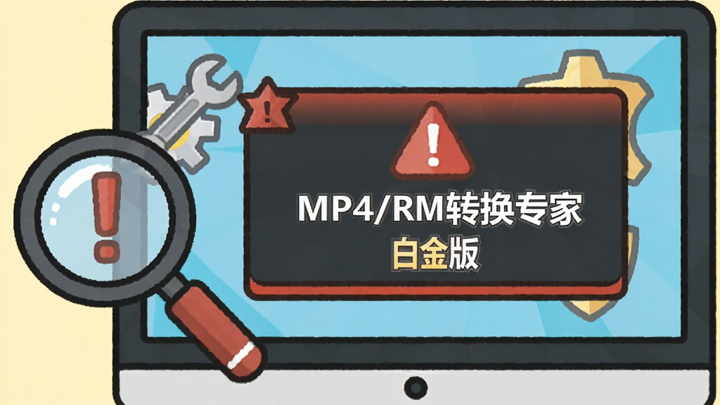 一个卡通风格的电脑屏幕,屏幕上显示“MP4/RM转换专家 白金版”的警告提示框,旁边有一个放大镜和扳手图标,背景是浅黄色;风格为扁平插画;细节包括红色感叹号、齿轮、盾牌;画质清晰,干净,无多余元素。