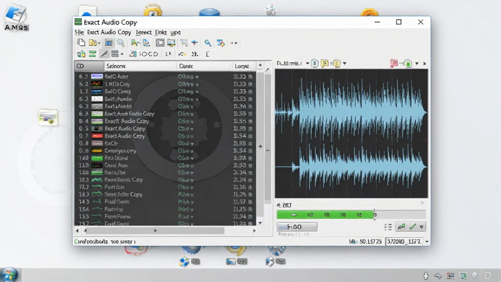 һ��չʾ Exact Audio Copy �����������ͼƬ�������������������ڣ������ʾCD�����б����Ҳ���ʾ��Ƶ���κ�ץ��������������Ǹɾ�����ĵ������棬���Ϊרҵ�Ƽ��У�ϸ�ڰ����˵�����������ͼ�ꡢ״̬����Ϣ�����������������ɾ��޶���Ԫ��