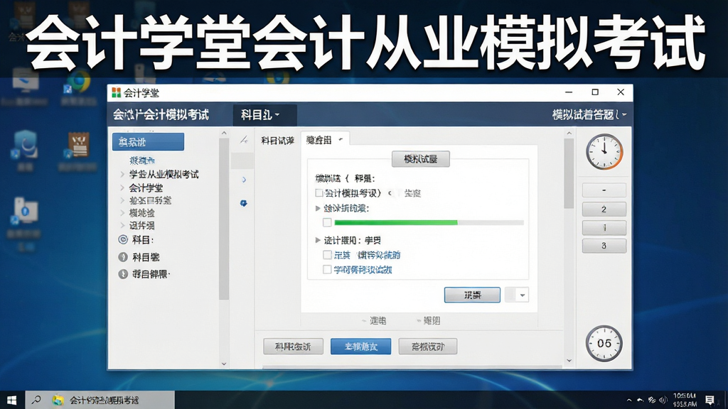 一张宽屏电脑桌面截图,画面中央是会计学堂会计从业模拟考试软件的主界面,界面左侧为科目导航栏,右侧显示模拟试卷答题卡,顶部有醒目的“会计学堂会计从业模拟考试”文字标识,整体布局清晰,排版整洁,风格为现代简约商务风,细节包括按钮、进度条和计时器,画质高清,干净,无多余元素