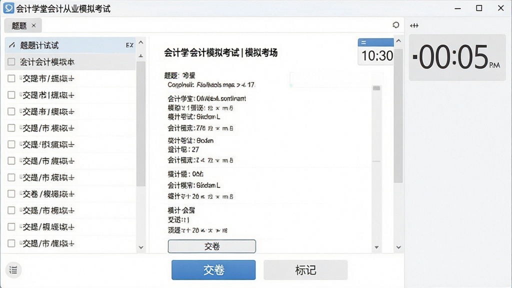 一张软件功能界面截图,展示会计学堂会计从业模拟考试的模拟考场模块,屏幕中央显示一套完整的模拟试卷,左侧是题目列表,右侧是答题卡和倒计时器,界面底部有“交卷”和“标记”按钮,画面风格简洁明亮,排版规范,画质清晰,干净,无多余元素