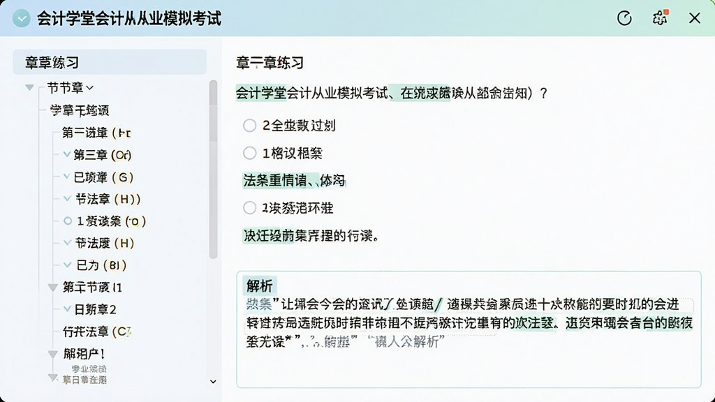 一张学习软件界面截图,展示会计学堂会计从业模拟考试的章节练习页面,左侧是树状章节目录,右侧是单选题题干和选项,下方有解析文本框,界面配色柔和,排版整齐,风格为清新学习风,细节包括高亮的关键词和法条引用,画质高清,干净,无多余元素