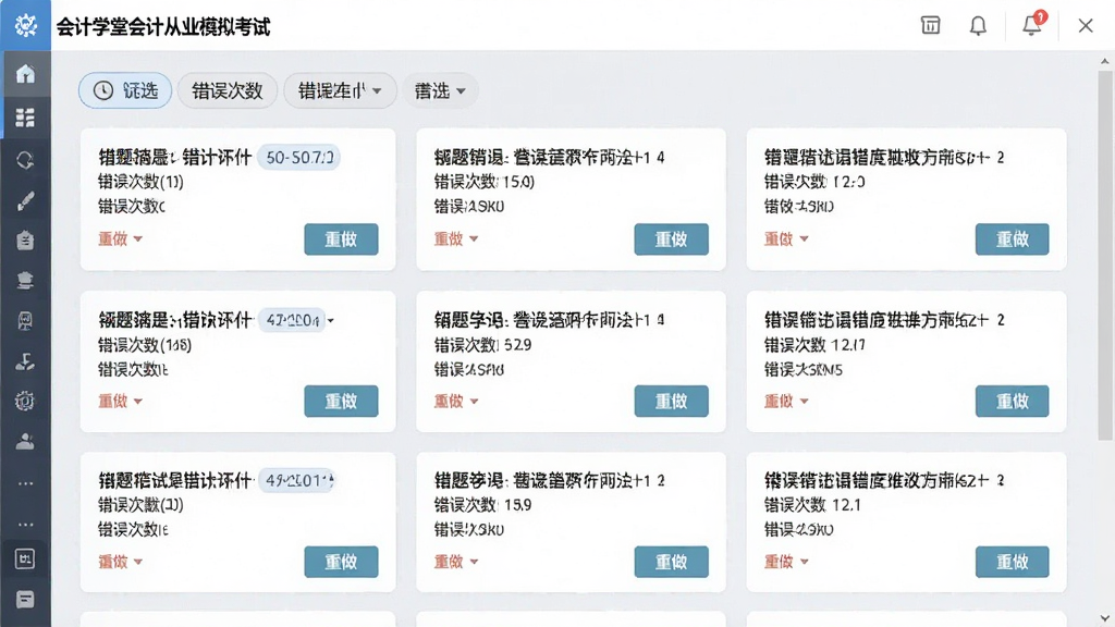一张软件界面截图,展示会计学堂会计从业模拟考试的错题本功能,屏幕中央以卡片列表形式展示多道错题,每张卡片上有题目摘要、错误次数和“重做”按钮,顶部有筛选标签,界面风格为浅色卡片式设计,排版疏朗,画质清晰,干净,无多余元素
