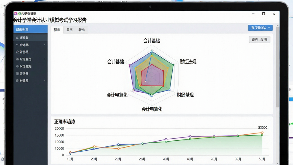 一张电脑屏幕截图,展示会计学堂会计从业模拟考试软件的学习报告页面,屏幕中央是一个彩色雷达图,周围标注“会计基础”“财经法规”“会计电算化”等科目名称,下方有正确率趋势折线图,界面风格为数据可视化仪表盘,排版清晰,画质高清,干净,无多余元素