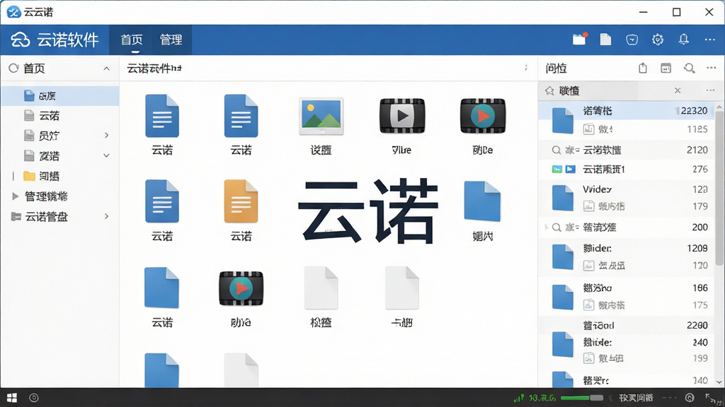 一张展示云诺软件主界面的图片,画面主体为云诺云盘客户端的文件管理窗口,窗口内整齐排列着文档、图片、视频等文件图标,布局简洁清晰,采用现代扁平化设计风格,细节包括顶部导航栏、左侧分类菜单、右侧文件列表与底部传输状态栏,画质清晰干净,无多余元素,图片中央带有“云诺”文字标识