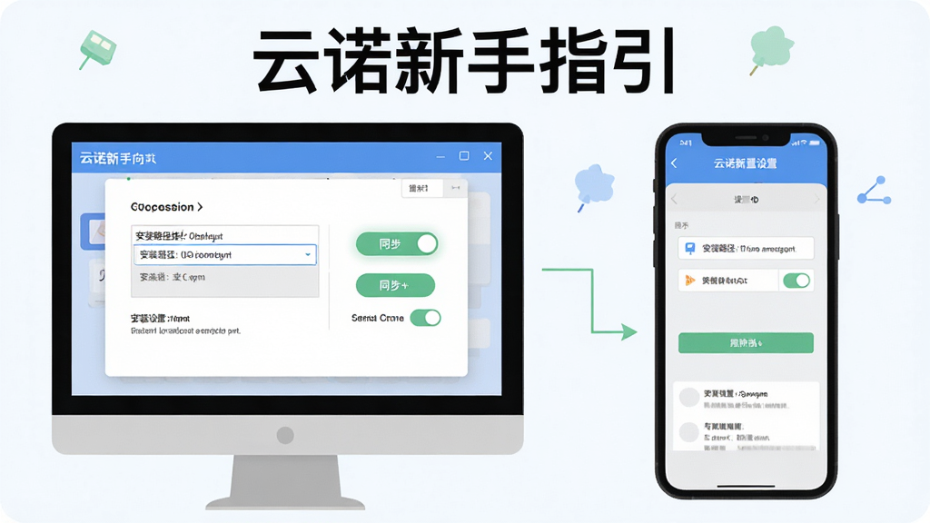 一张展示云诺新手操作指引的图片,画面主体为电脑屏幕上显示云诺安装向导界面与手机屏幕上显示云诺设置页面,布局为左右分屏对比,风格为扁平化教程插画,细节包括安装路径选择框、同步开关按钮与提示文字,画质清晰,背景简洁,图片中带有“云诺新手指引”文字
