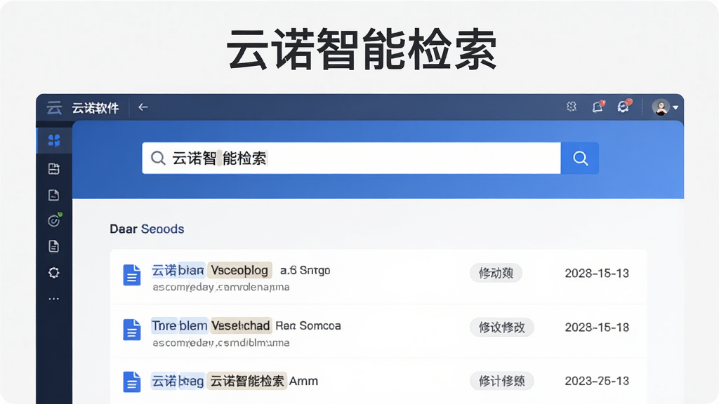 一张展示云诺智能检索功能的图片,画面主体为云诺软件搜索界面,搜索框内显示关键词,下方列出匹配的文件结果,布局为居中搜索栏加结果列表,风格为简约商务风,细节包括文件类型图标、修改日期标签与高亮匹配文字,画质清晰,背景为浅色,图片中带有“云诺智能检索”文字